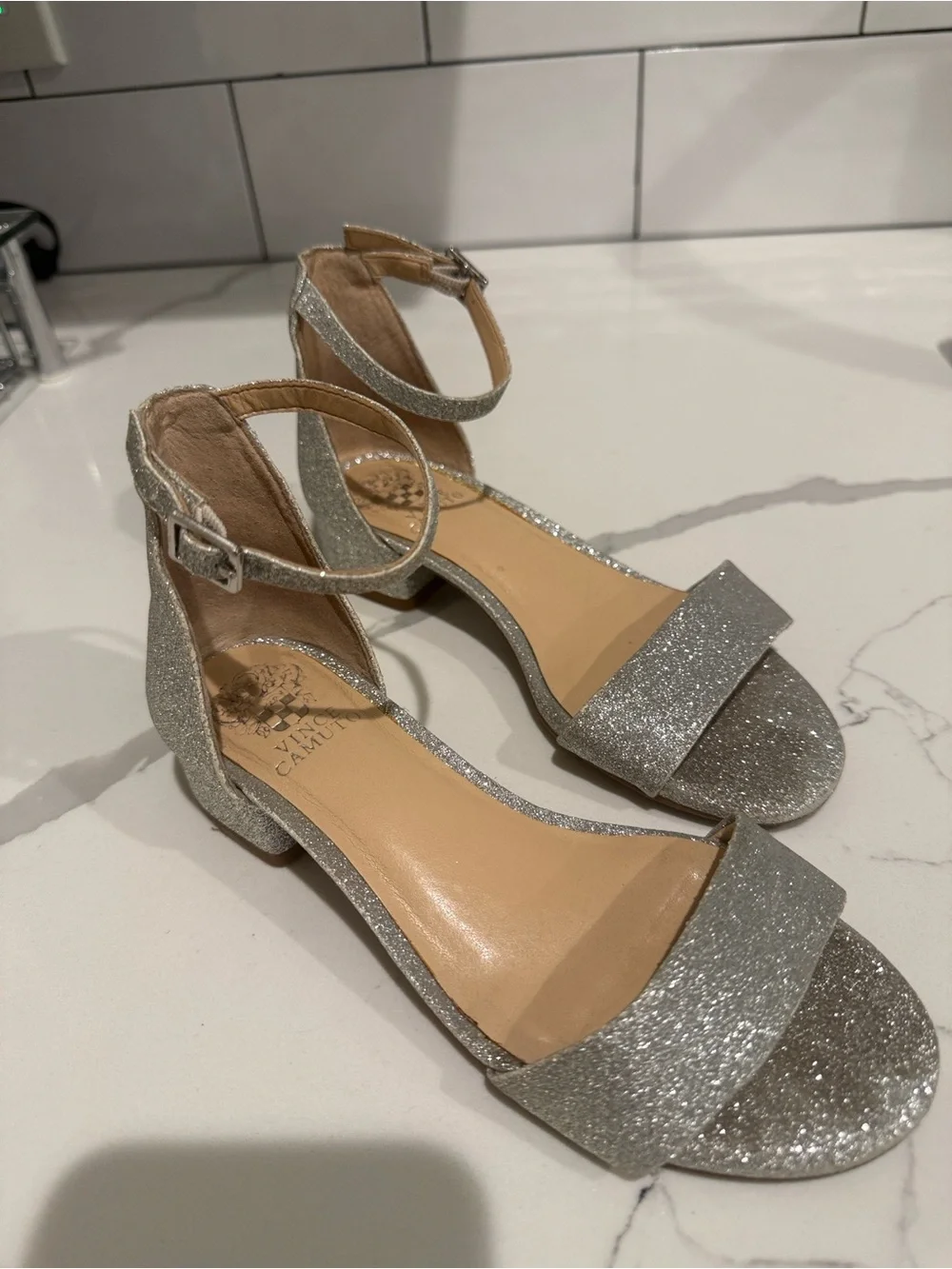 Girls Vince Camuto Silver Glitter Ankle-Strap Block Heel Sandals